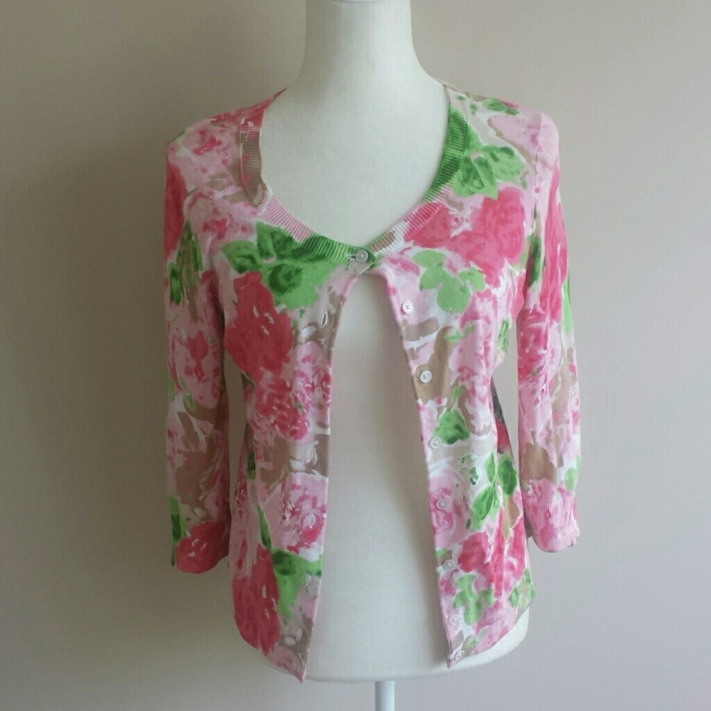 Talbots Pink and Green Small Floral Cardigan