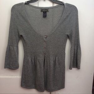 Gray cardigan, peplum top with 3/4 bell sleeves