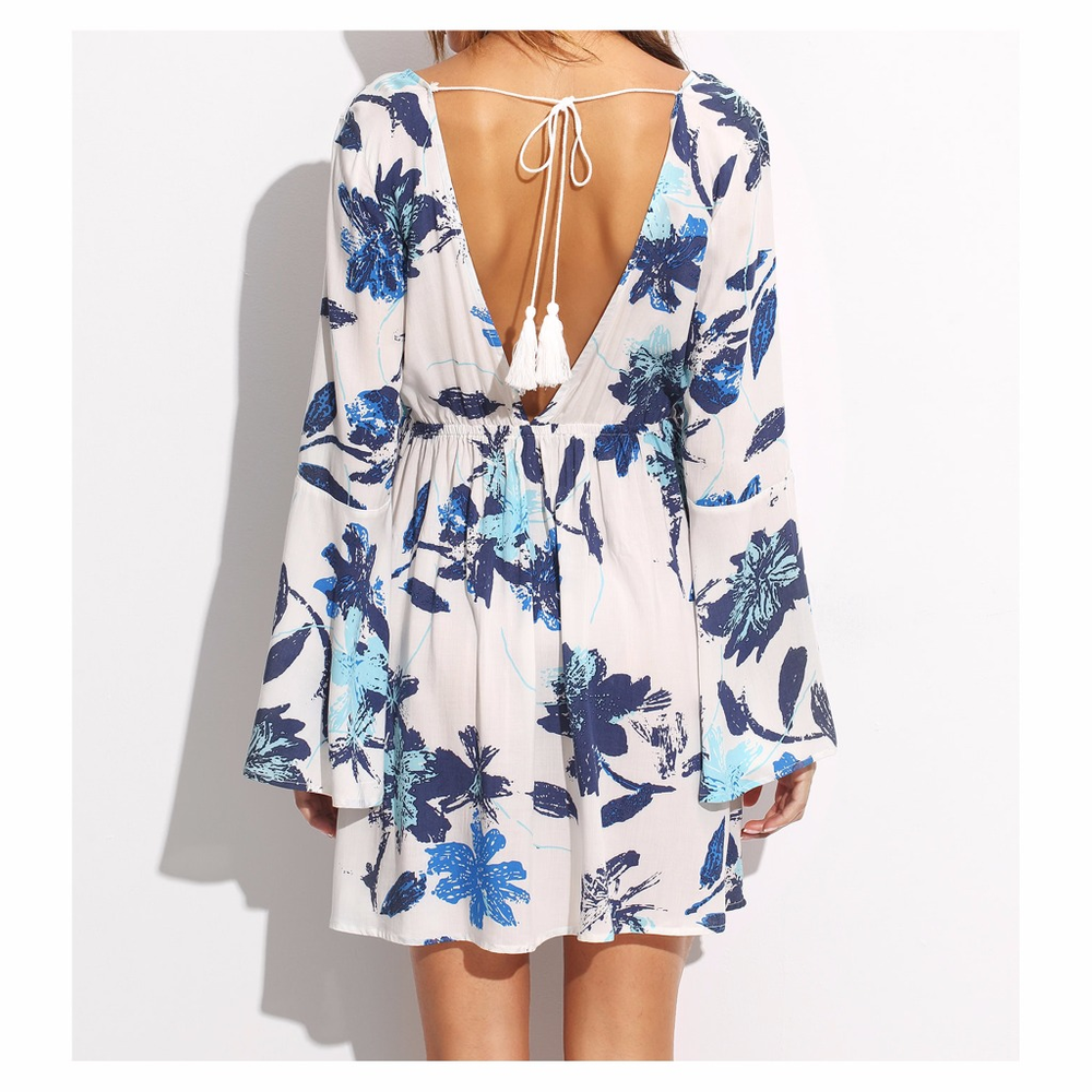 ⚡️⚡️CLEARANCE White Blue Floral Bell Sleeves Dress - Picture 4 of 7