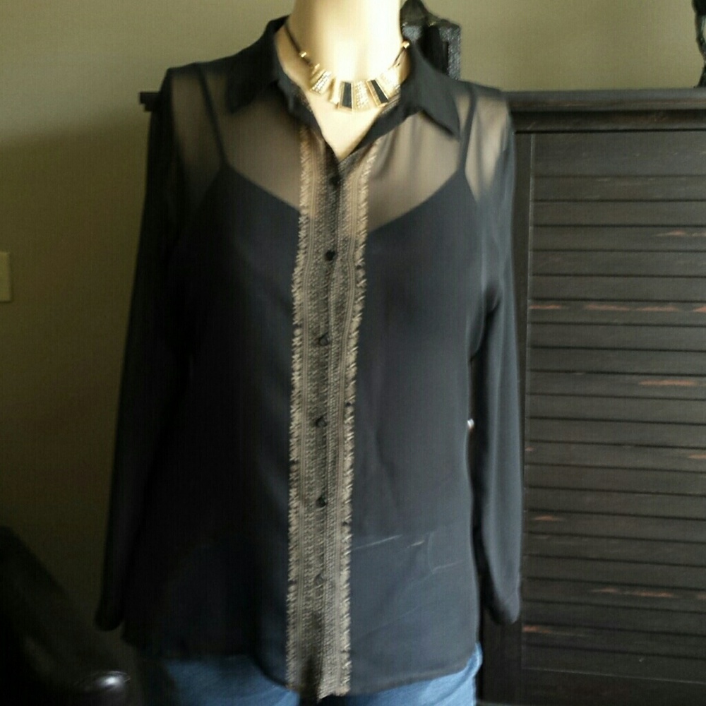 Black See Through Polyester Chiffon Blouse.