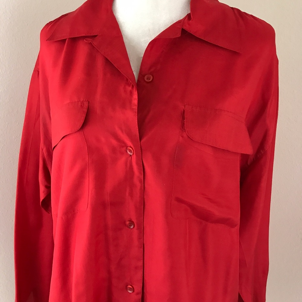 Vintage 100% Silk Red Long Sleeve Tunic Buttondown - Picture 2 of 5