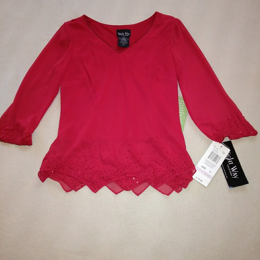 Night Way collections red beaded/sequin blouse.