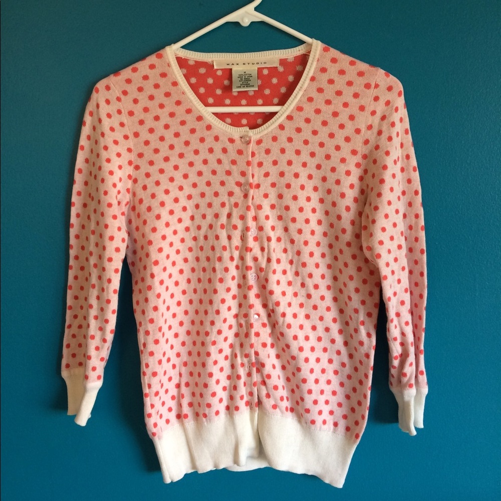 White and coral polka dot 3/4 sleeve cardigan