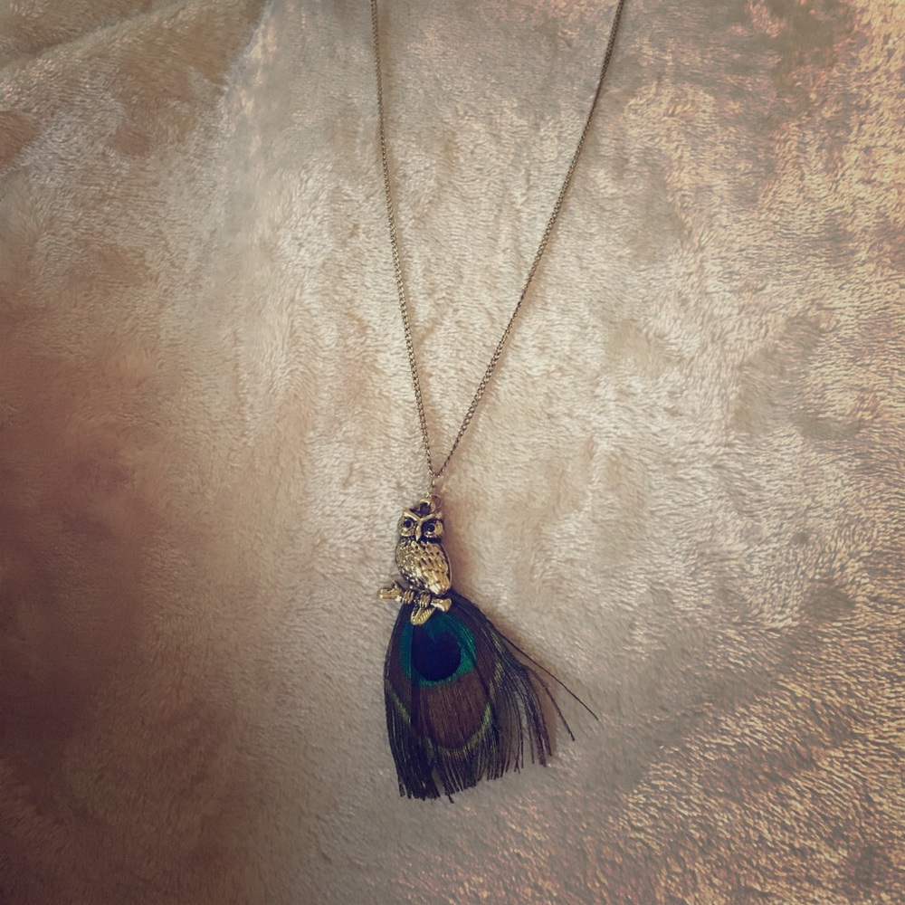 Owl and peacock feather necklace