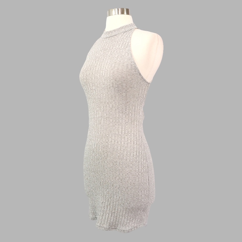 Grey Ribbed Lace Up Bodycon Dress - Picture 7 of 7
