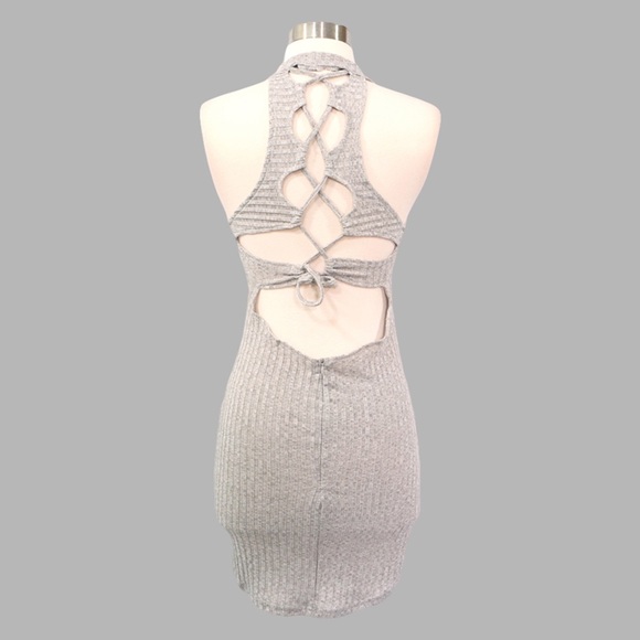 Grey Ribbed Lace Up Bodycon Dress - Picture 5 of 7