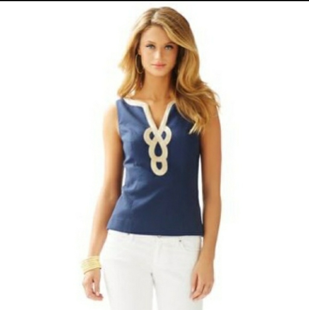 Lilly Pulitzer Janice Top Navy & Gold Tank EUC