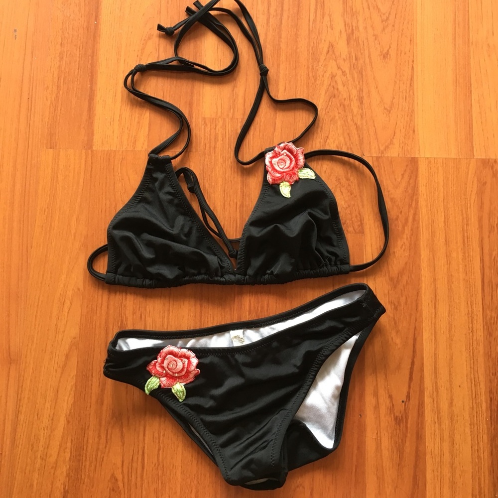 Black bikini with embroidered rose patch