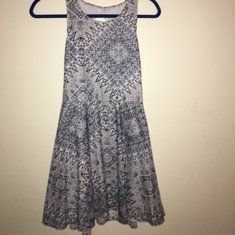 blues and white dress with open back.