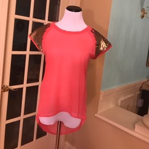 Sheer coral top with gold sequin sleeves