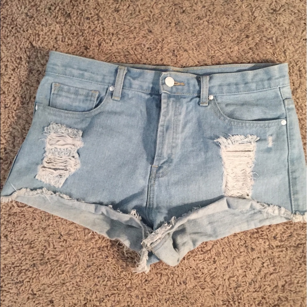 distressed light jean shorts