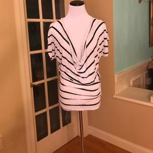 White and black striped low cowl neck shirt