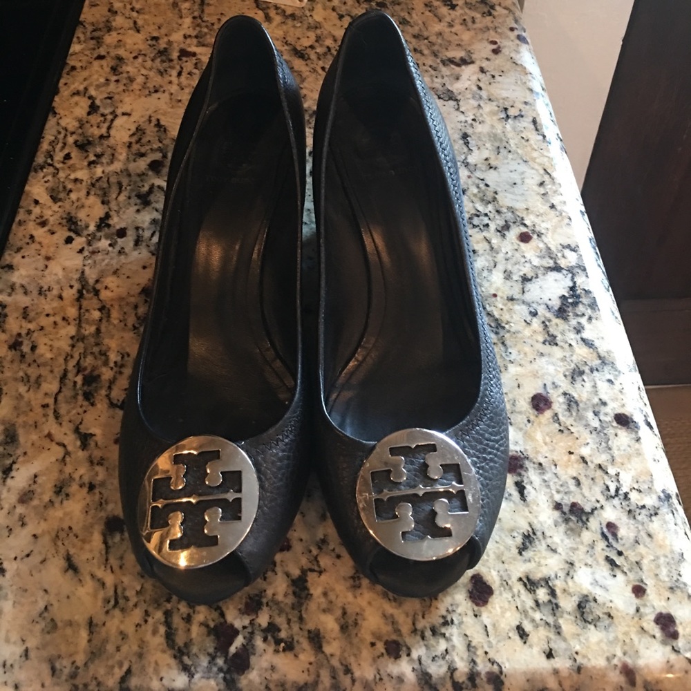 Tory Burch Peep Toe Leather Wedges