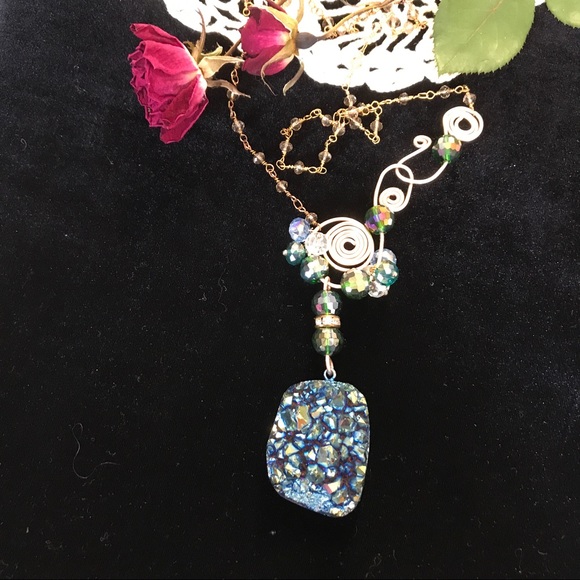 Necklace, Blue Druzy, Crystal Chain, 14KGF Spirals - Picture 1 of 4