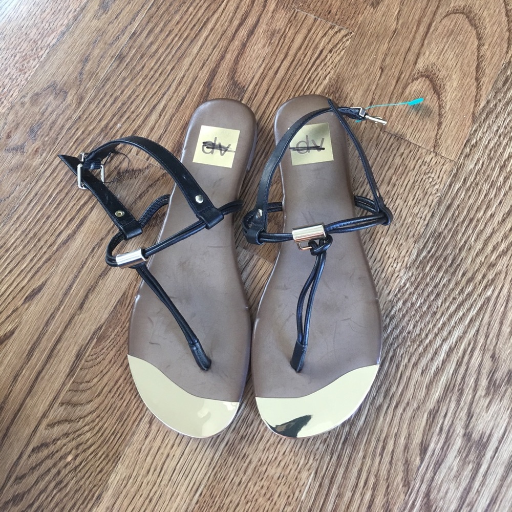Black and gold t-strap sandal