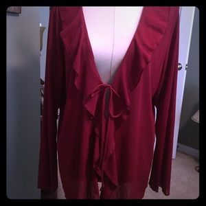 Deep red ruffled tie blouse.