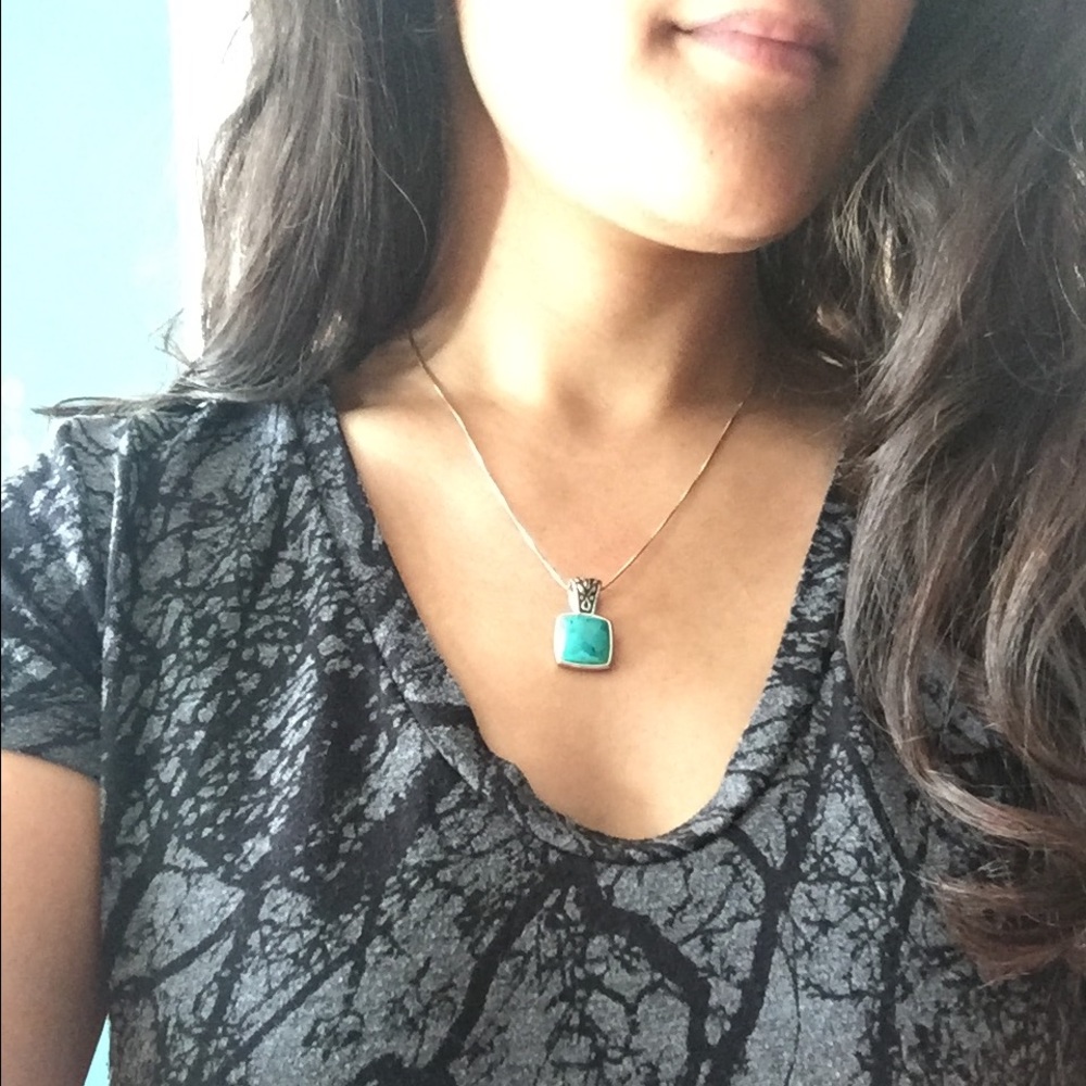 Square turquoise gem necklace with silver chain