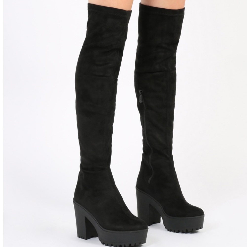 NEW BLACK FAUX SUEDE OVER THE KNEE CHUNKY BOOTS