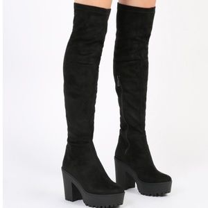 NEW BLACK FAUX SUEDE OVER THE KNEE CHUNKY BOOTS