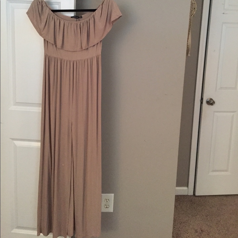 Off the shoulder tan maxi dress with slit