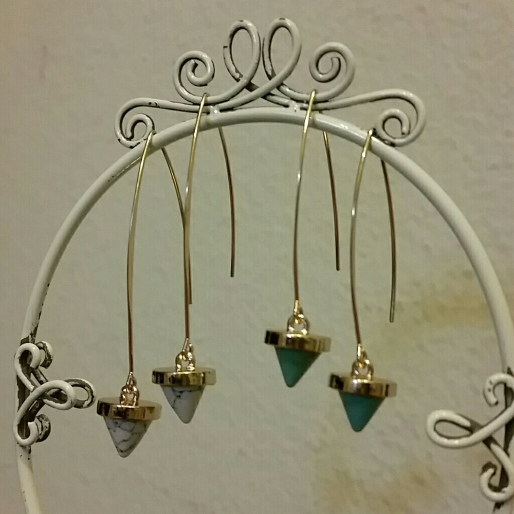 White marble and light blue stone drop earrings