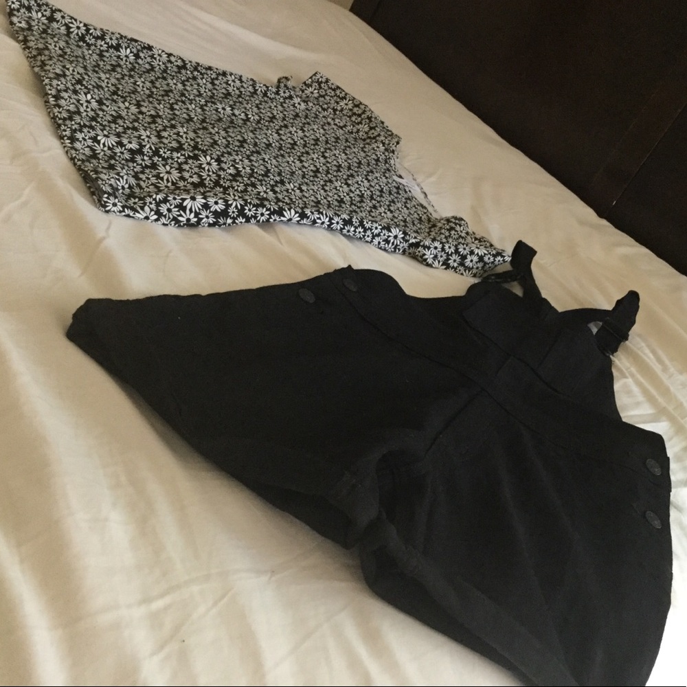 Black overalls with black and white flower shirt