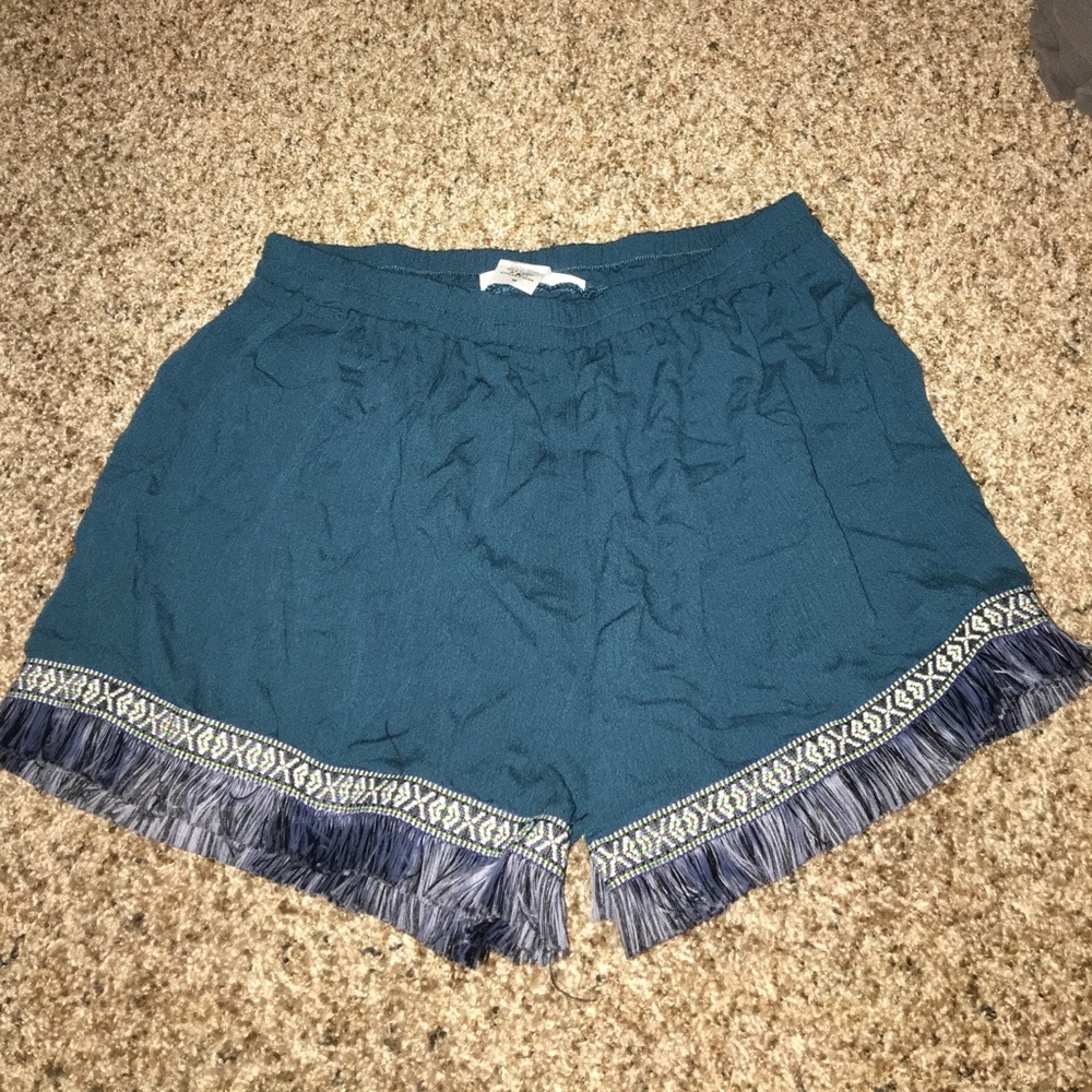 Banana Lemon Fringe Hem Teal Shorts
