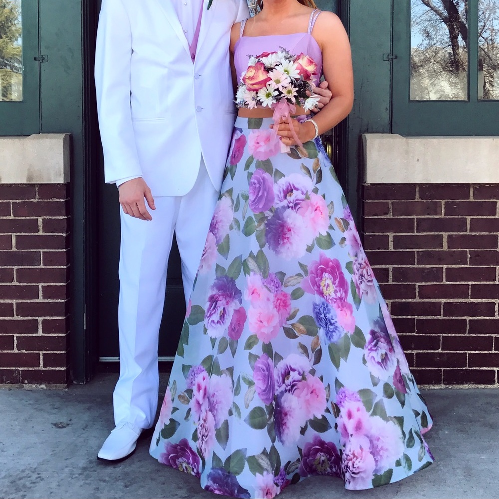 2 piece floral prom dress Mori Lee