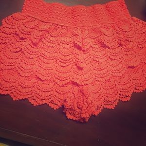 Crochet ruffle coral colored shorts! Like new!
