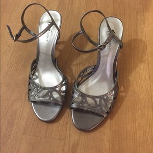 Pewter colored sandal heels