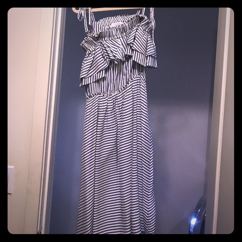 Loft open shoulder striped ruffle dress