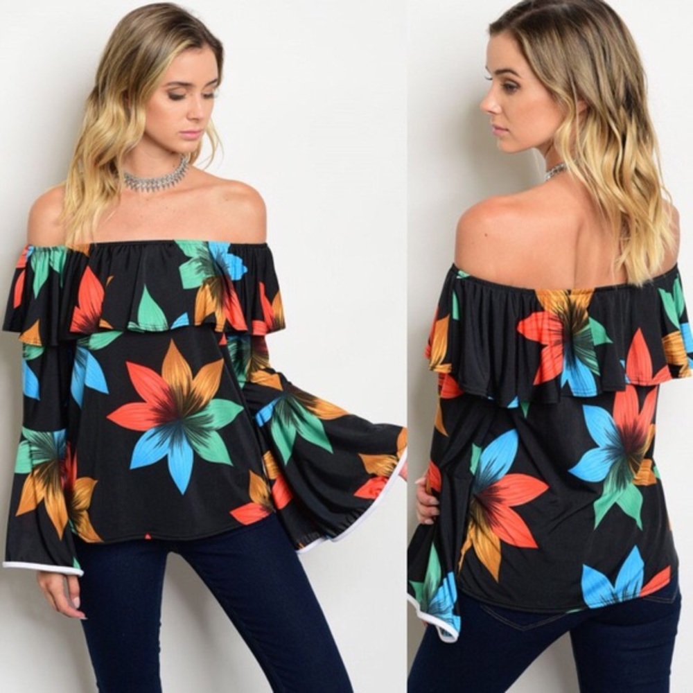 Black Floral Off the Shoulder Ruffle Top