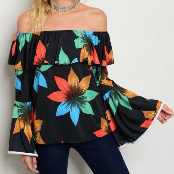 Black Floral Off the Shoulder Ruffle Top - Picture 2 of 5