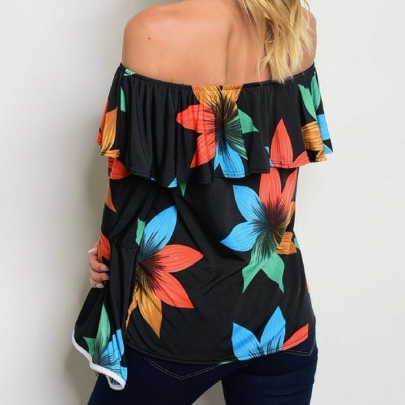 Black Floral Off the Shoulder Ruffle Top - Picture 3 of 5