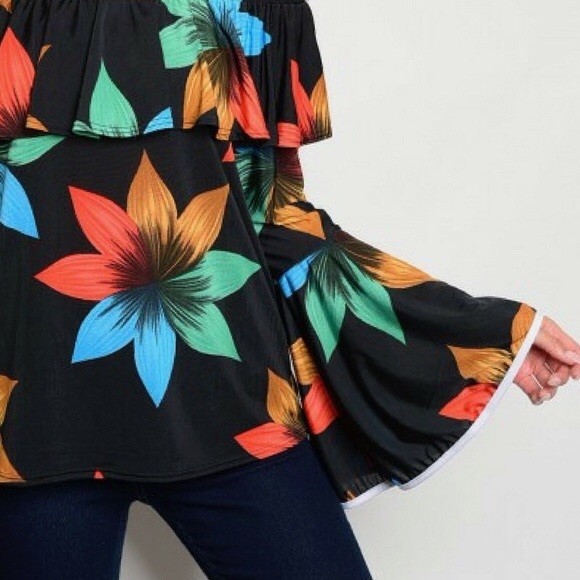 Black Floral Off the Shoulder Ruffle Top - Picture 5 of 5