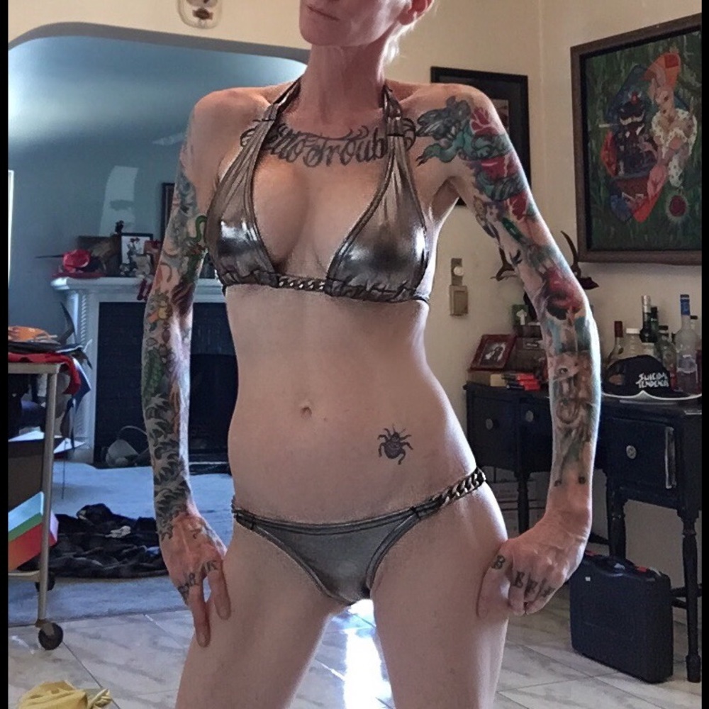 Gunmetal bikini with gunmetal chain detail.