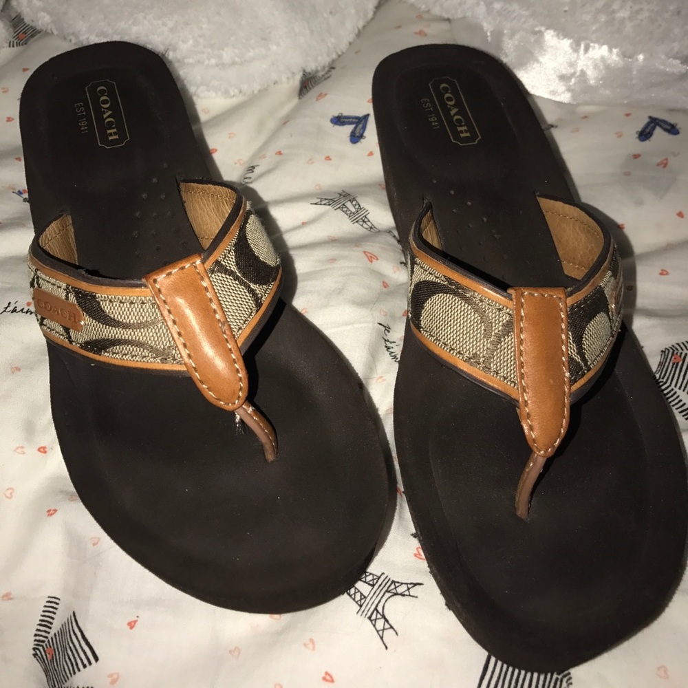 Brown coach memory foam platform flip flops