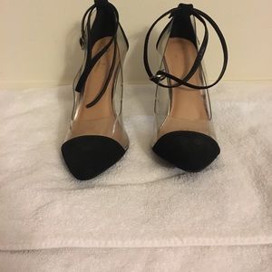 Black/clear pointed toe heels with ankle wrap
