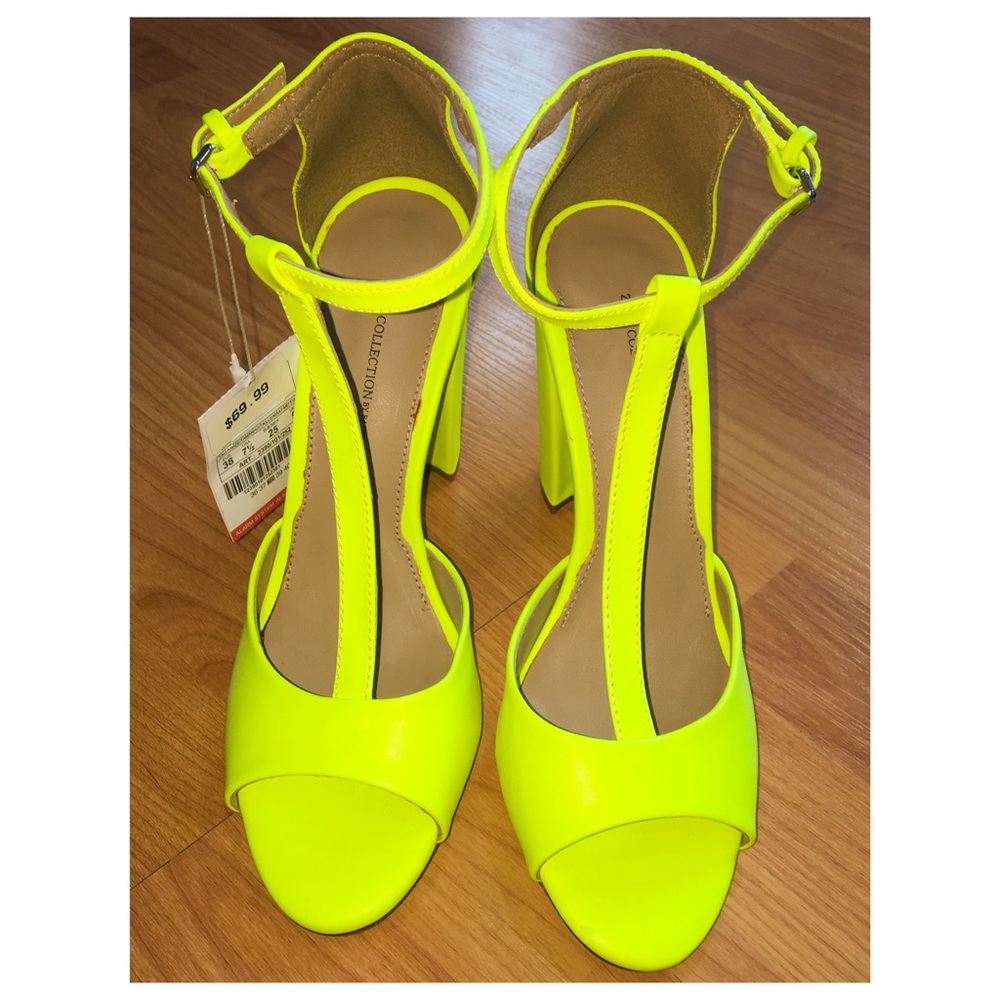 Zara Neon Yellow Peeptoe Block Heels Women sz 7.5