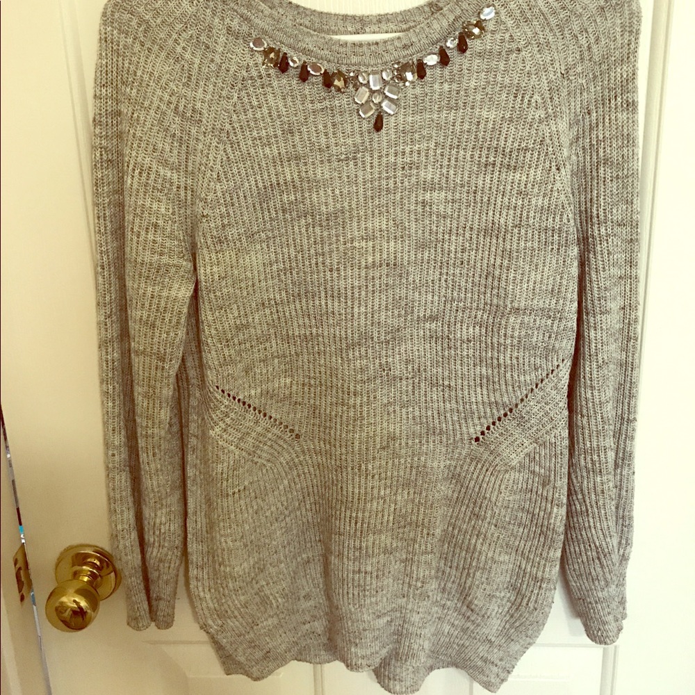 Loft Gray sweater with jeweled neckline