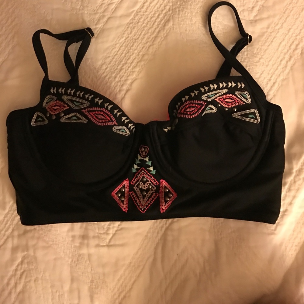Black with pink embroidered detail swimsuit top!