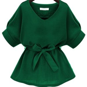 SheIn.com Green V neck Tie Blouse
