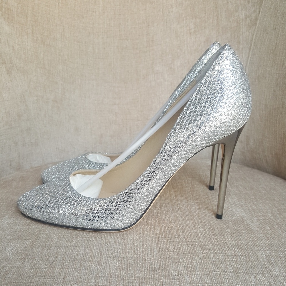 NIB Jimmy Choo Silver Leather Esme 100 Pumps
