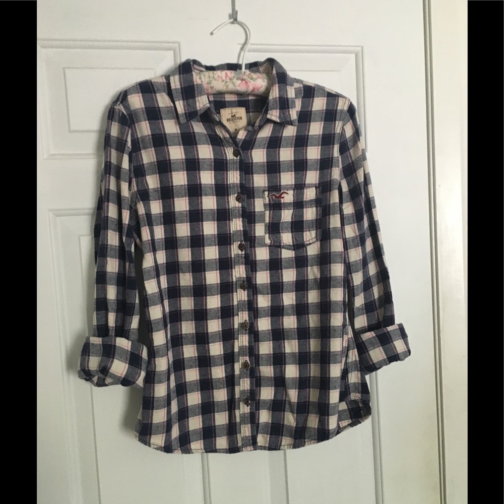 Hollister Navy, Pink, & Cream Plaid Flannel