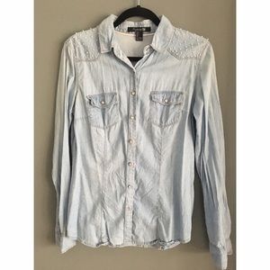 Denim with pearl embellished shoulders