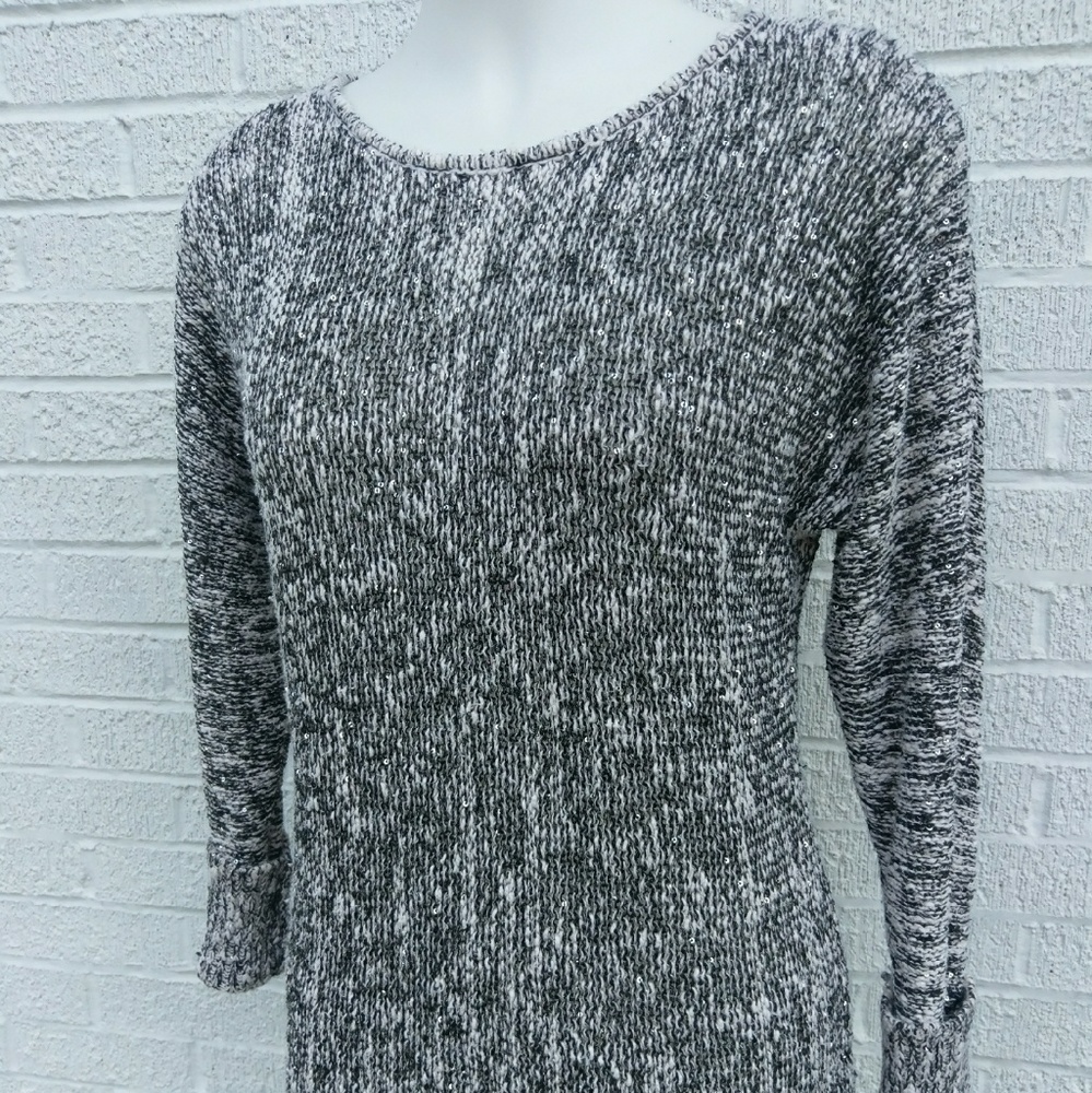 Cato L black white LS sequins stretch high low