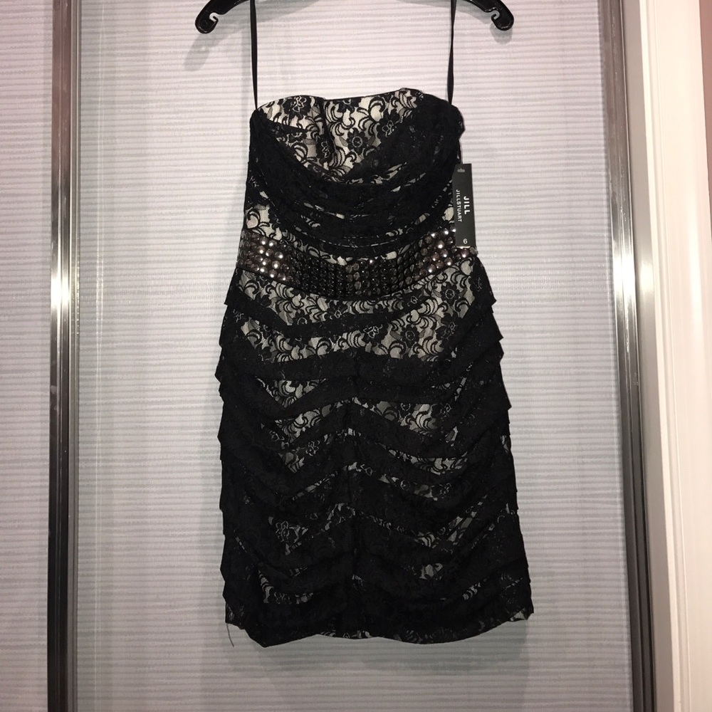 Strapless black lace dress with studded belt!