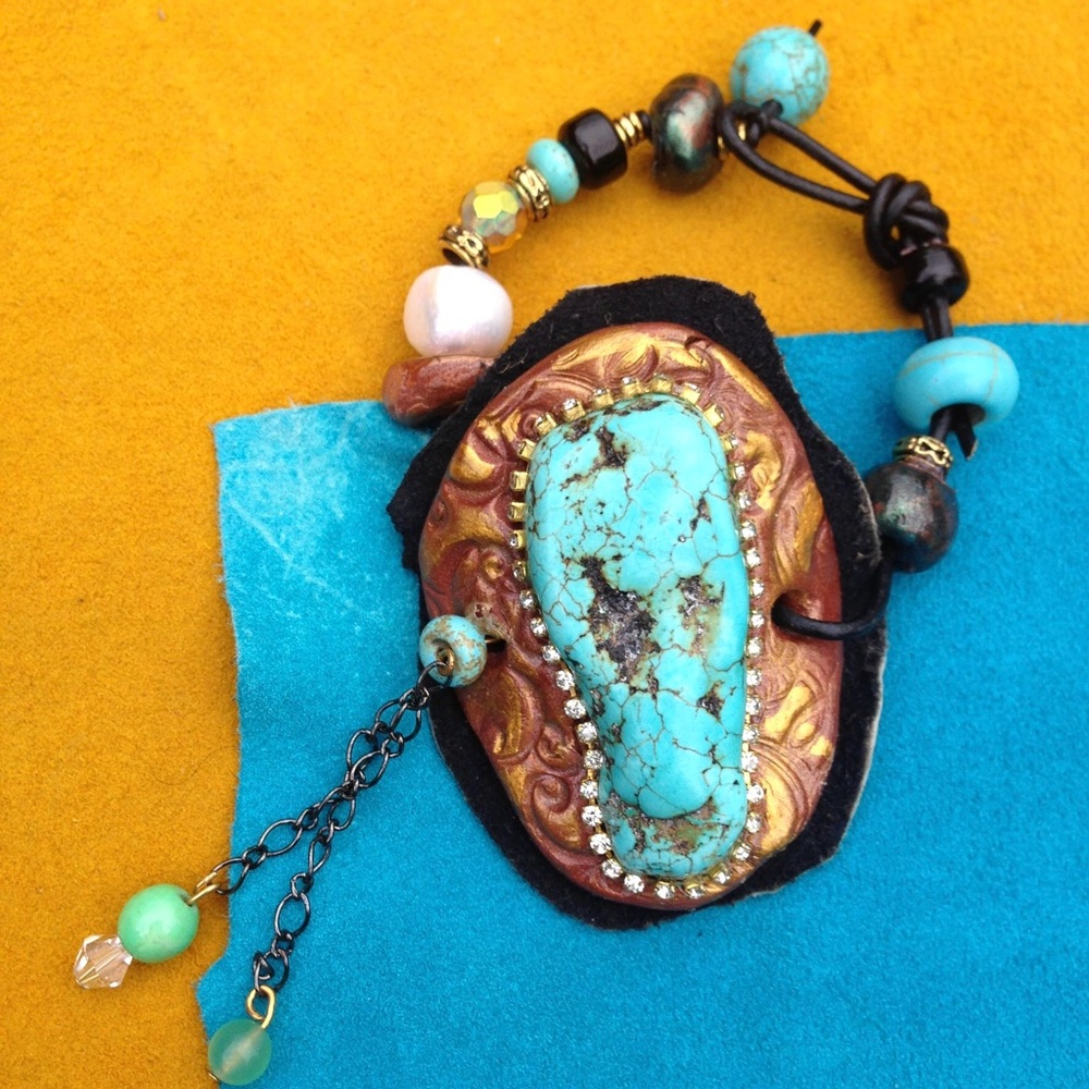 Bracelet, Turquoise,  Leather Cuff, Pearl, Beads