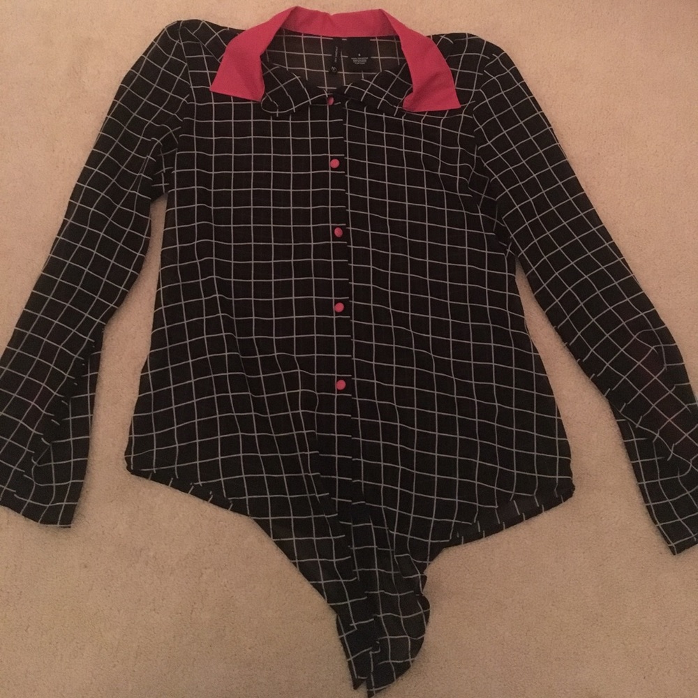 Checkered button down with pink lining.