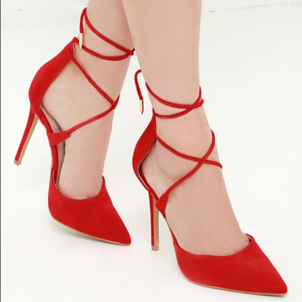 LULUS MICHELE RED LACE-UP HEELS 7.5